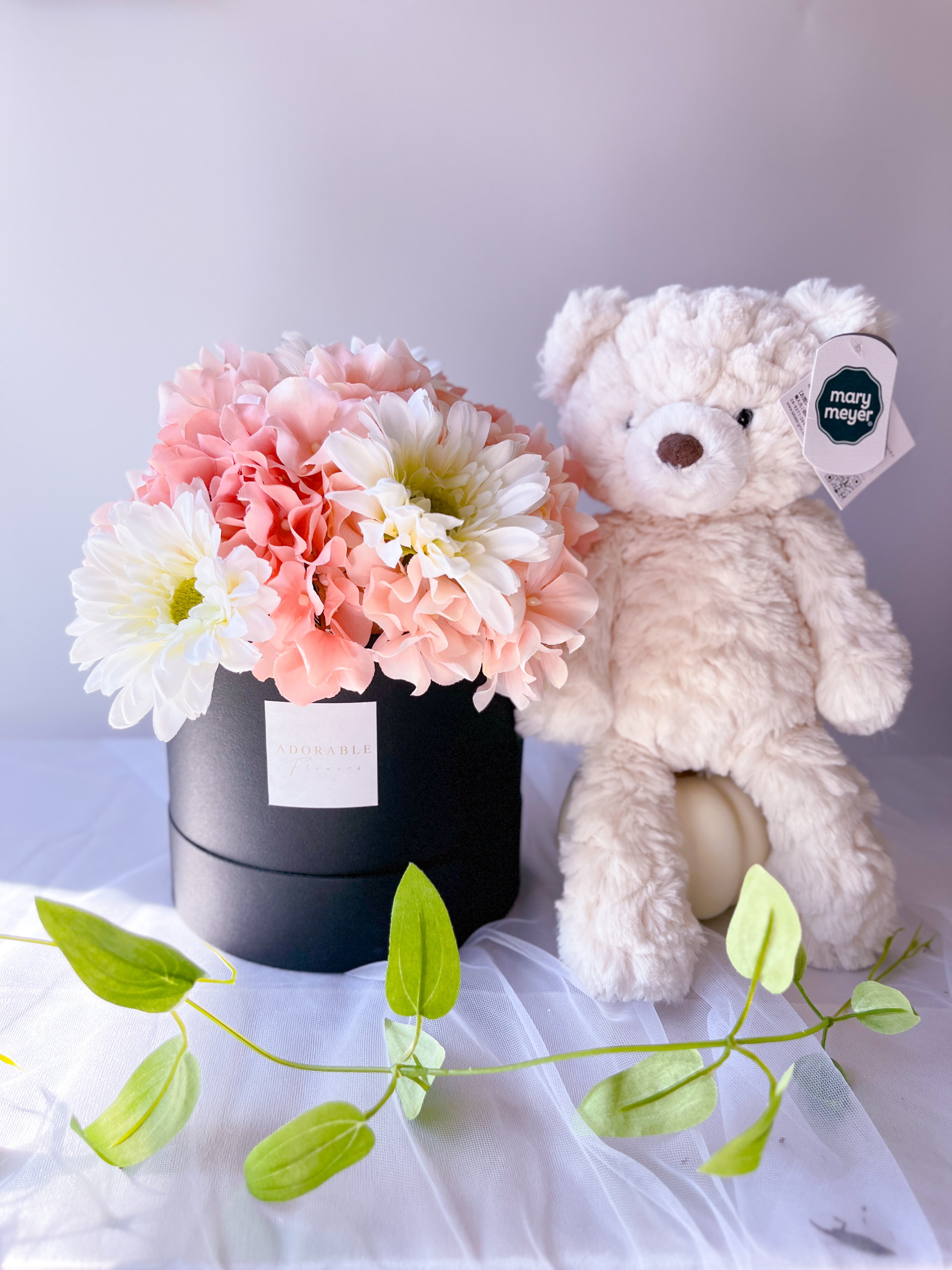 ボックスフラワー あじさいとガーベラ くまのぬいぐるみセット